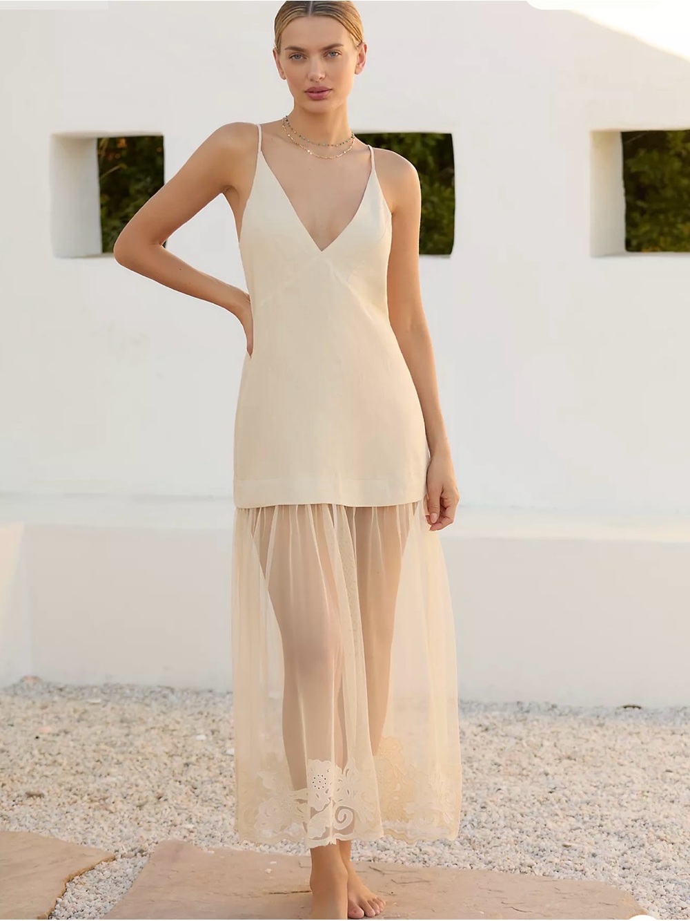Anthropology Celandie M cream linen lace trim sheer bottom coastal maxi dress - Picture 4 of 16